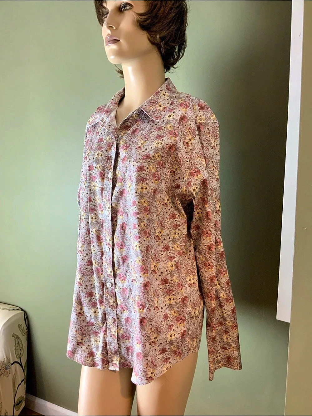 LL Bean Floral Cotton Button Down Shirt Large Like New